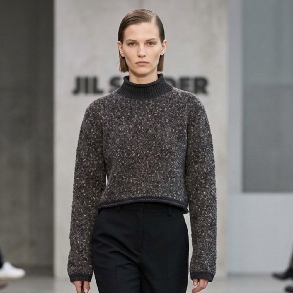 Jil Sander+ Womens Cropped Mock Neck Boucle Knit Boxy Sweater Grey Tan